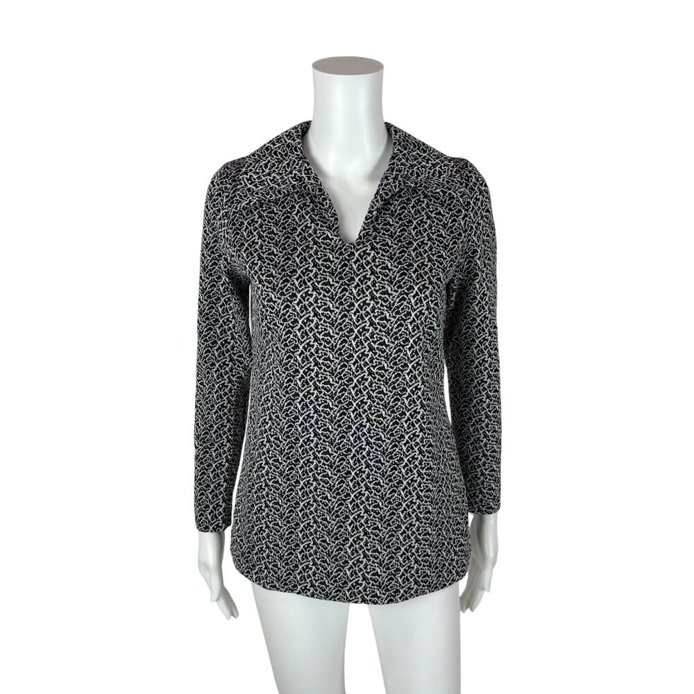 Vintage 70s Patterned Top Women's Small Black White Polyester Collared Shirt